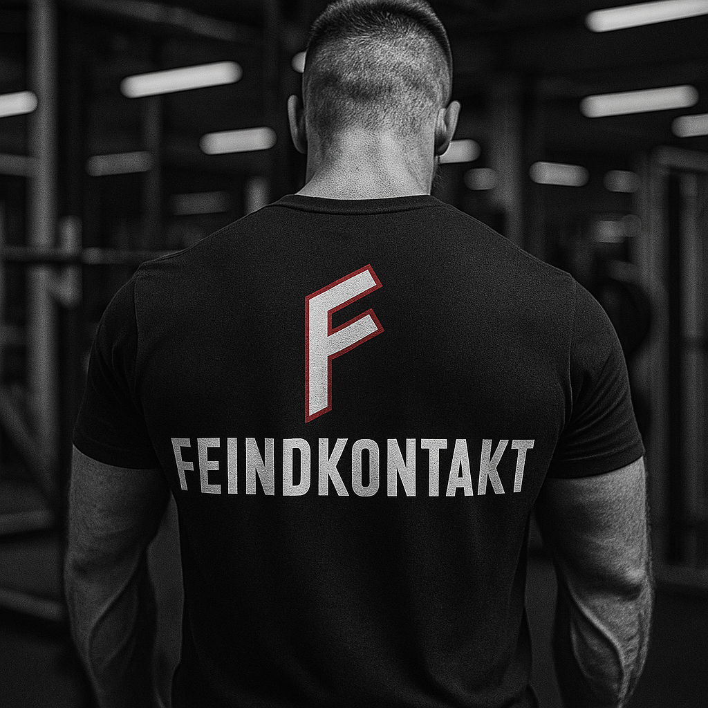 Schwarzes Feindkontakt Streetwear Shirt mit großem Rückenprint.